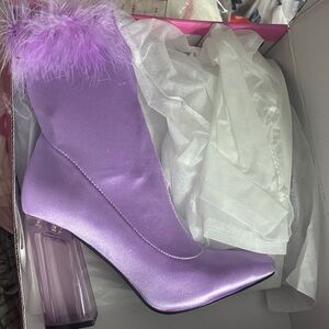 Elegant Purple feather trim Satin Ankle Boots